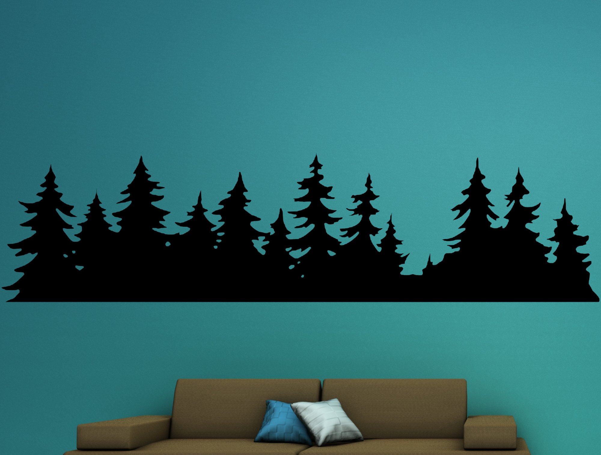 46361 Wald Silhouette Wandtattoo blaue Wand-braunes Sofa Mein-Motiv-de